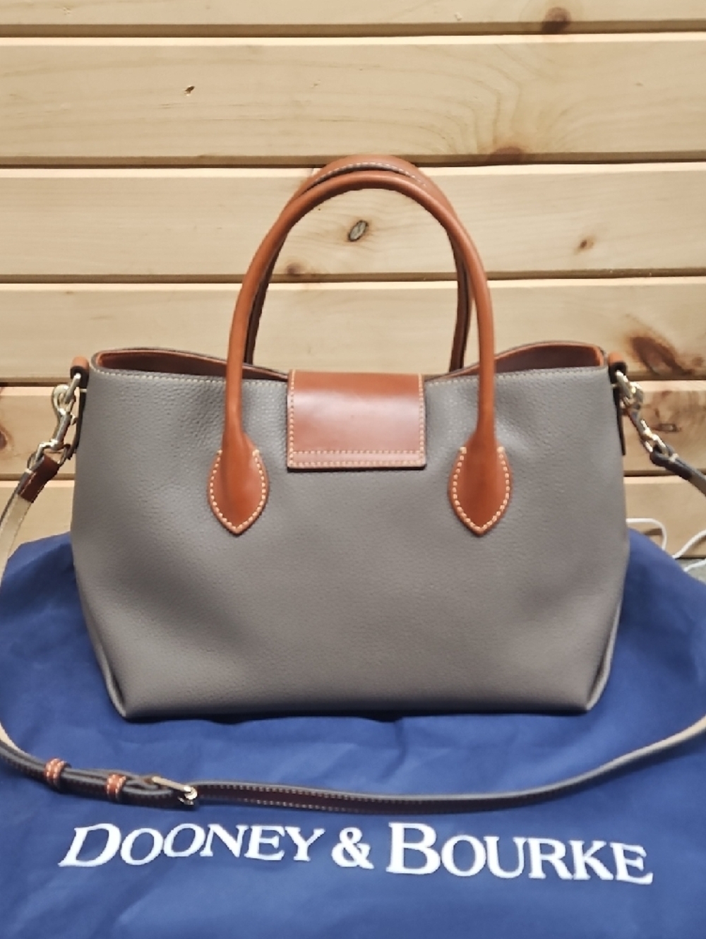 Dooney & Bourke Gray Pebble Leather Satchel with Tan Trim - Picture 2 of 15